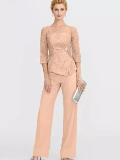 Party Dress For Mother Of The Bride Illusion Neckline 3/4 Length Sleeves Two-piece Lace Floor-Length Guest Dresses For Wedding