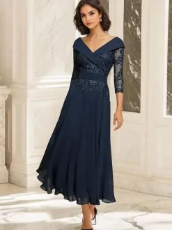 Party Dress For Mother Of The Bride V-Neck 3/4 Length Sleeves Ball Gown Lace Tea-Length Guest Dresses For Wedding
