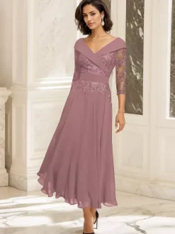 Party Dress For Mother Of The Bride V-Neck 3/4 Length Sleeves Ball Gown Lace Tea-Length Guest Dresses For Wedding