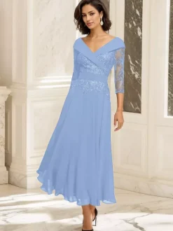 Party Dress For Mother Of The Bride V-Neck 3/4 Length Sleeves Ball Gown Lace Tea-Length Guest Dresses For Wedding