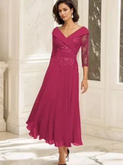 Party Dress For Mother Of The Bride V-Neck 3/4 Length Sleeves Ball Gown Lace Tea-Length Guest Dresses For Wedding