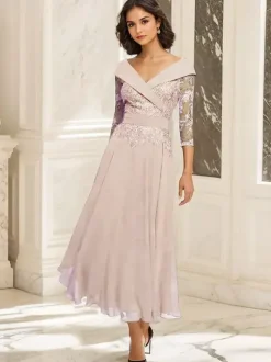 Party Dress For Mother Of The Bride V-Neck 3/4 Length Sleeves Ball Gown Lace Tea-Length Guest Dresses For Wedding