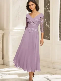 Party Dress For Mother Of The Bride V-Neck 3/4 Length Sleeves Ball Gown Lace Tea-Length Guest Dresses For Wedding