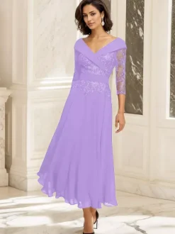 Party Dress For Mother Of The Bride V-Neck 3/4 Length Sleeves Ball Gown Lace Tea-Length Guest Dresses For Wedding