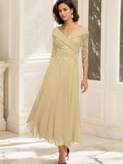 Party Dress For Mother Of The Bride V-Neck 3/4 Length Sleeves Ball Gown Lace Tea-Length Guest Dresses For Wedding