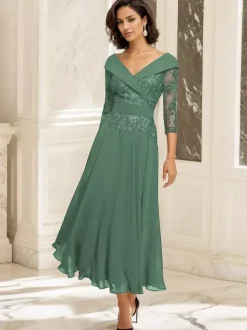 Party Dress For Mother Of The Bride V-Neck 3/4 Length Sleeves Ball Gown Lace Tea-Length Guest Dresses For Wedding