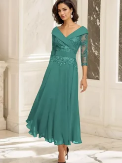 Party Dress For Mother Of The Bride V-Neck 3/4 Length Sleeves Ball Gown Lace Tea-Length Guest Dresses For Wedding