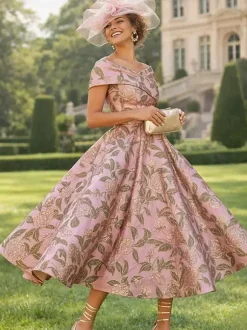 Party Dress For Mother Of The Bride Designed Neckline Short Sleeves A-Line Tea-Length Wedding Guest Dresses