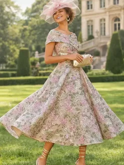Party Dress For Mother Of The Bride Designed Neckline Short Sleeves A-Line Tea-Length Wedding Guest Dresses