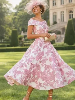 Party Dress For Mother Of The Bride Designed Neckline Short Sleeves A-Line Tea-Length Wedding Guest Dresses
