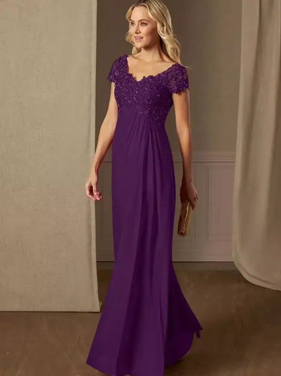 Party Dress For Mother Of The Bride V-Neck Short Sleeves A-Line Lace Wedding Guest Dresses