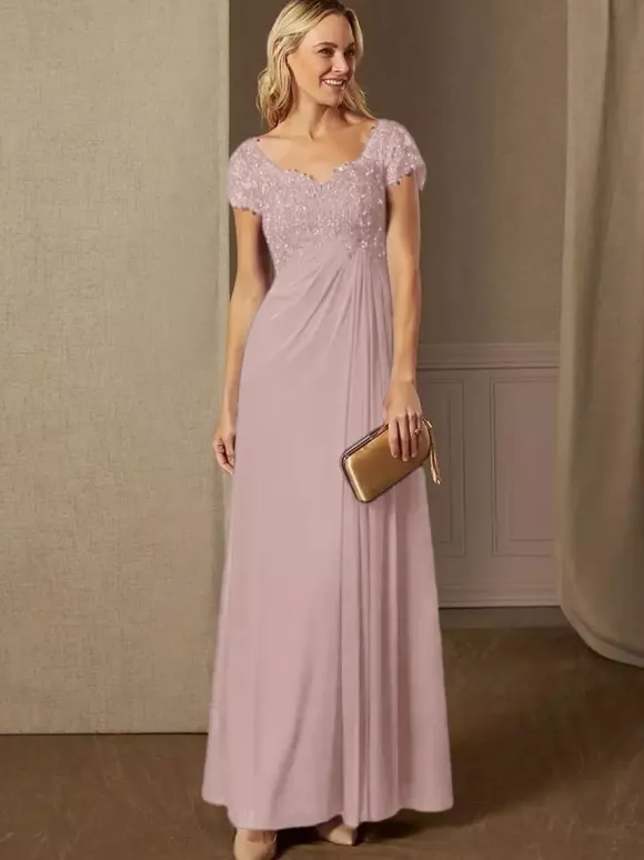 Party Dress For Mother Of The Bride V-Neck Short Sleeves A-Line Lace Wedding Guest Dresses