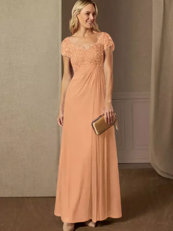 Party Dress For Mother Of The Bride V-Neck Short Sleeves A-Line Lace Wedding Guest Dresses