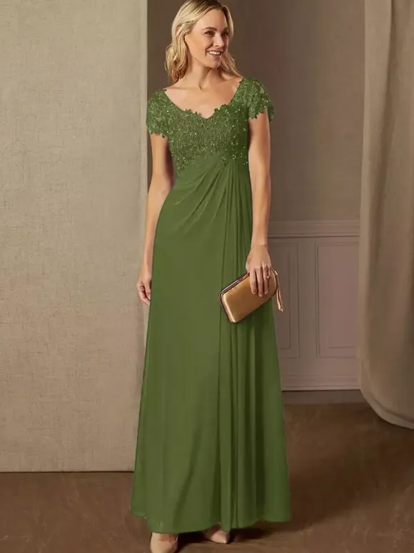 Party Dress For Mother Of The Bride V-Neck Short Sleeves A-Line Lace Wedding Guest Dresses
