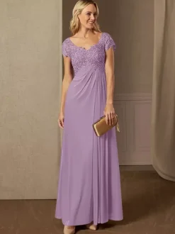 Party Dress For Mother Of The Bride V-Neck Short Sleeves A-Line Lace Wedding Guest Dresses