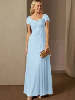 Party Dress For Mother Of The Bride V-Neck Short Sleeves A-Line Lace Wedding Guest Dresses