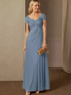 Party Dress For Mother Of The Bride V-Neck Short Sleeves A-Line Lace Wedding Guest Dresses