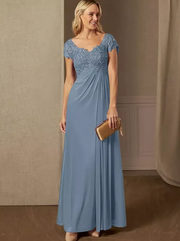 Party Dress For Mother Of The Bride V-Neck Short Sleeves A-Line Lace Wedding Guest Dresses