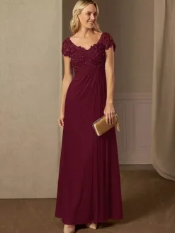 Party Dress For Mother Of The Bride V-Neck Short Sleeves A-Line Lace Wedding Guest Dresses