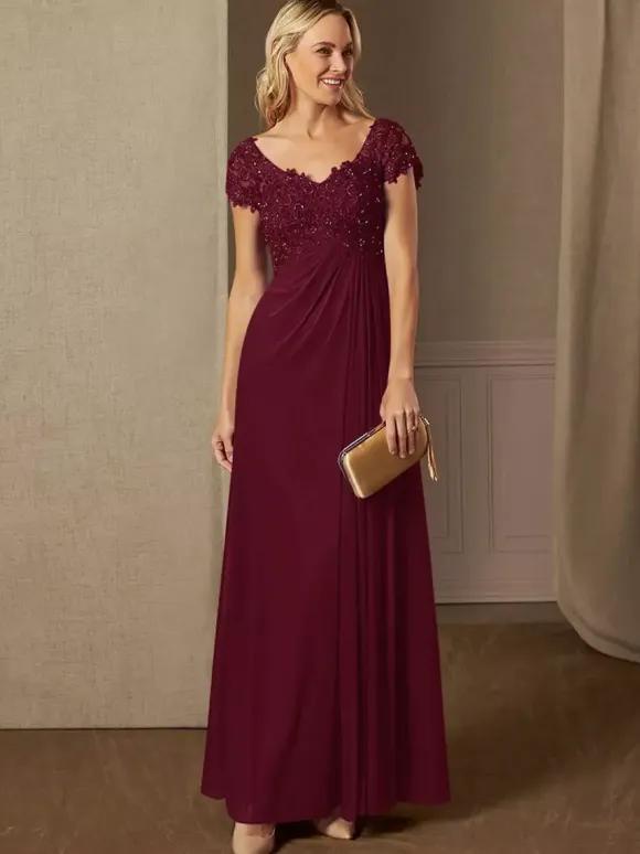 Party Dress For Mother Of The Bride V-Neck Short Sleeves A-Line Lace Wedding Guest Dresses