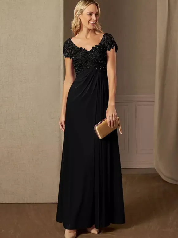 Party Dress For Mother Of The Bride V-Neck Short Sleeves A-Line Lace Wedding Guest Dresses