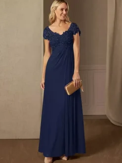 Party Dress For Mother Of The Bride V-Neck Short Sleeves A-Line Lace Wedding Guest Dresses
