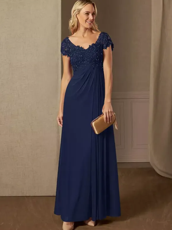 Party Dress For Mother Of The Bride V-Neck Short Sleeves A-Line Lace Wedding Guest Dresses
