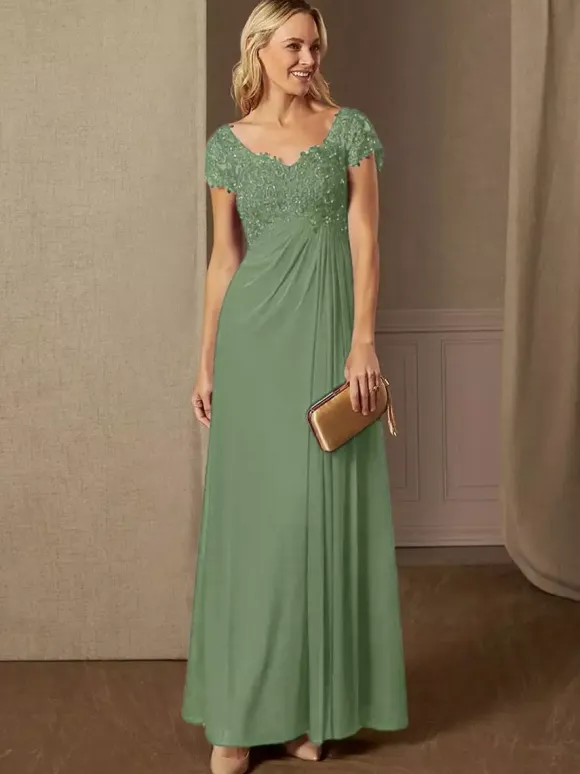 Party Dress For Mother Of The Bride V-Neck Short Sleeves A-Line Lace Wedding Guest Dresses