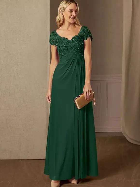 Party Dress For Mother Of The Bride V-Neck Short Sleeves A-Line Lace Wedding Guest Dresses
