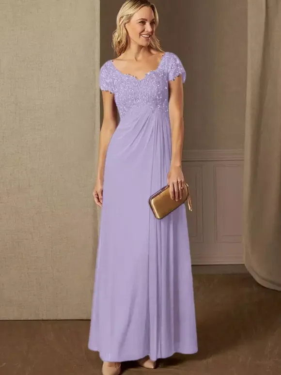 Party Dress For Mother Of The Bride V-Neck Short Sleeves A-Line Lace Wedding Guest Dresses