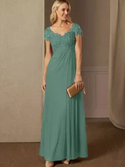 Party Dress For Mother Of The Bride V-Neck Short Sleeves A-Line Lace Wedding Guest Dresses