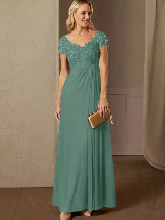 Party Dress For Mother Of The Bride V-Neck Short Sleeves A-Line Lace Wedding Guest Dresses