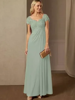 Party Dress For Mother Of The Bride V-Neck Short Sleeves A-Line Lace Wedding Guest Dresses