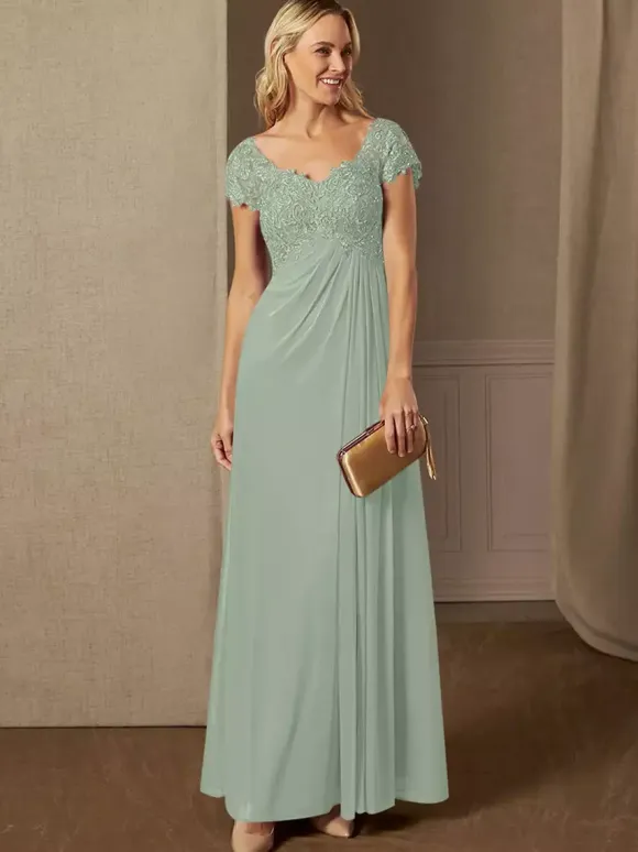 Party Dress For Mother Of The Bride V-Neck Short Sleeves A-Line Lace Wedding Guest Dresses