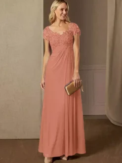 Party Dress For Mother Of The Bride V-Neck Short Sleeves A-Line Lace Wedding Guest Dresses
