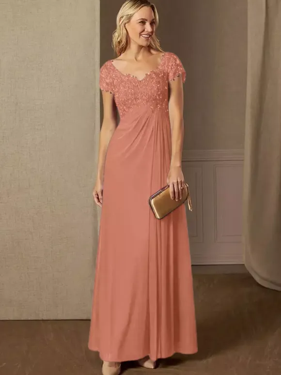 Party Dress For Mother Of The Bride V-Neck Short Sleeves A-Line Lace Wedding Guest Dresses