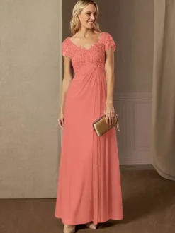 Party Dress For Mother Of The Bride V-Neck Short Sleeves A-Line Lace Wedding Guest Dresses