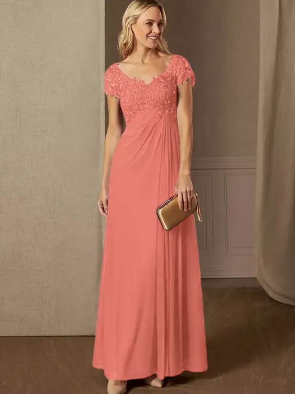 Party Dress For Mother Of The Bride V-Neck Short Sleeves A-Line Lace Wedding Guest Dresses