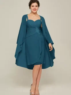 Party Dress For Mother Of The Bride Sweetheart Neck Long Sleeves A-Line Lace Knee-Length Guest Dresses For Wedding