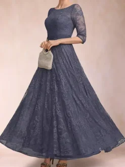 Party Dress For Mother Of The Bride Jewel Neck 3/4 Length Sleeves A-Line Lace Ankle-Length Wedding Guest Dresses