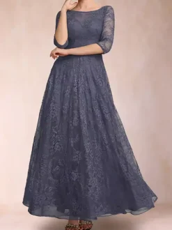 Party Dress For Mother Of The Bride Jewel Neck 3/4 Length Sleeves A-Line Lace Ankle-Length Wedding Guest Dresses