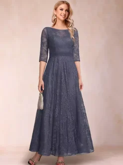 Party Dress For Mother Of The Bride Jewel Neck 3/4 Length Sleeves A-Line Lace Ankle-Length Wedding Guest Dresses