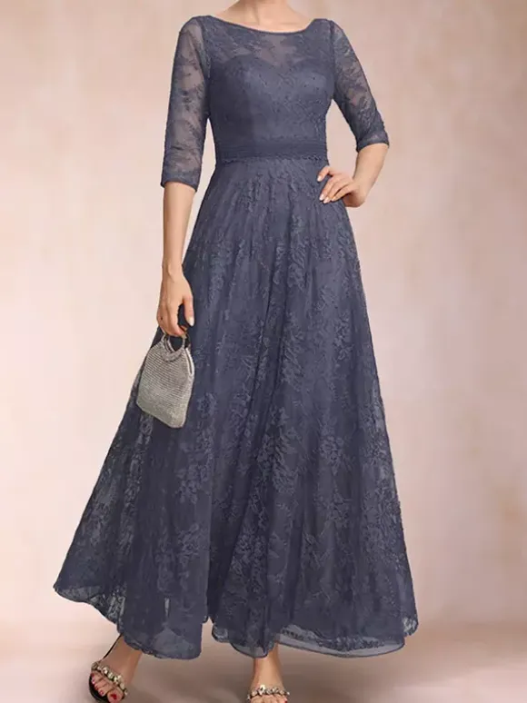 Party Dress For Mother Of The Bride Jewel Neck 3/4 Length Sleeves A-Line Lace Ankle-Length Wedding Guest Dresses