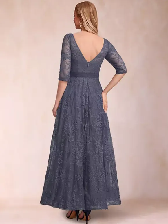 Party Dress For Mother Of The Bride Jewel Neck 3/4 Length Sleeves A-Line Lace Ankle-Length Wedding Guest Dresses