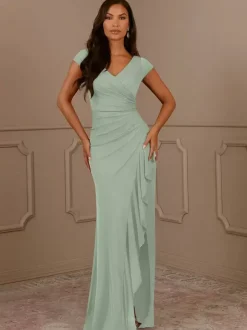 Party Dress For Mother Of The Bride V-Neck Short Sleeves Mermaid Pleated Guest Dresses For Wedding