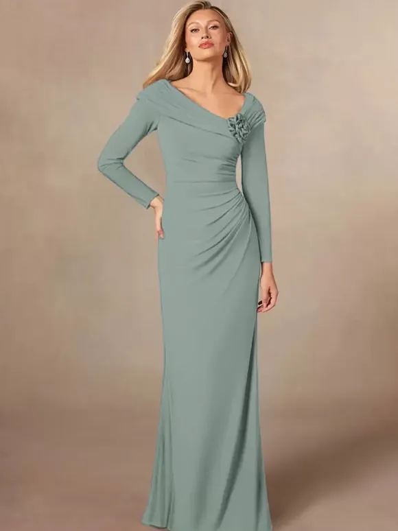 Party Dress For Mother Of The Bride V-Neck Long Sleeves Mermaid Pleated Floor-Length Wedding Guest Dresses