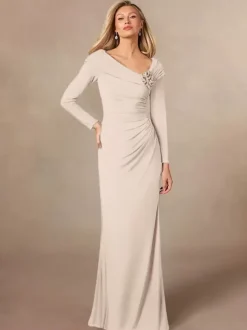 Party Dress For Mother Of The Bride V-Neck Long Sleeves Mermaid Pleated Floor-Length Wedding Guest Dresses