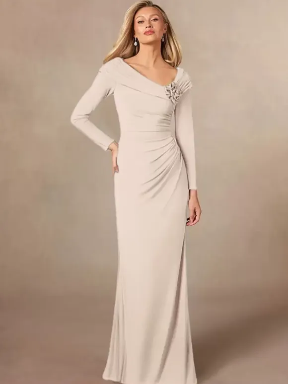 Party Dress For Mother Of The Bride V-Neck Long Sleeves Mermaid Pleated Floor-Length Wedding Guest Dresses