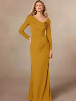 Party Dress For Mother Of The Bride V-Neck Long Sleeves Mermaid Pleated Floor-Length Wedding Guest Dresses