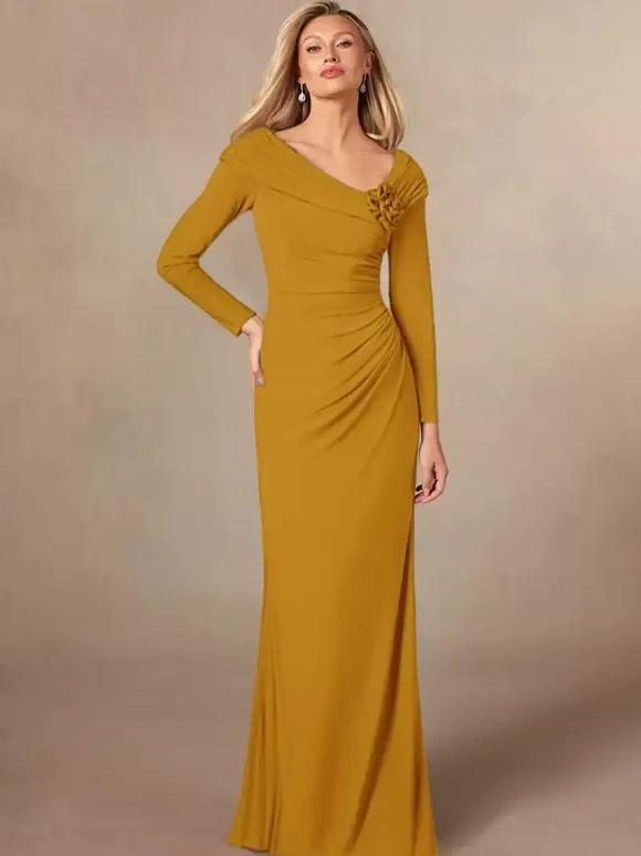 Party Dress For Mother Of The Bride V-Neck Long Sleeves Mermaid Pleated Floor-Length Wedding Guest Dresses